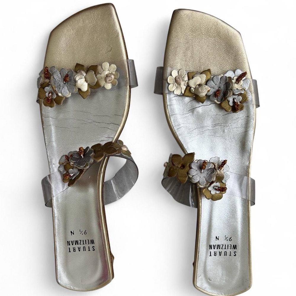 Stuart Weitzman Vintage Metallic Floral Sandals with Block Heel